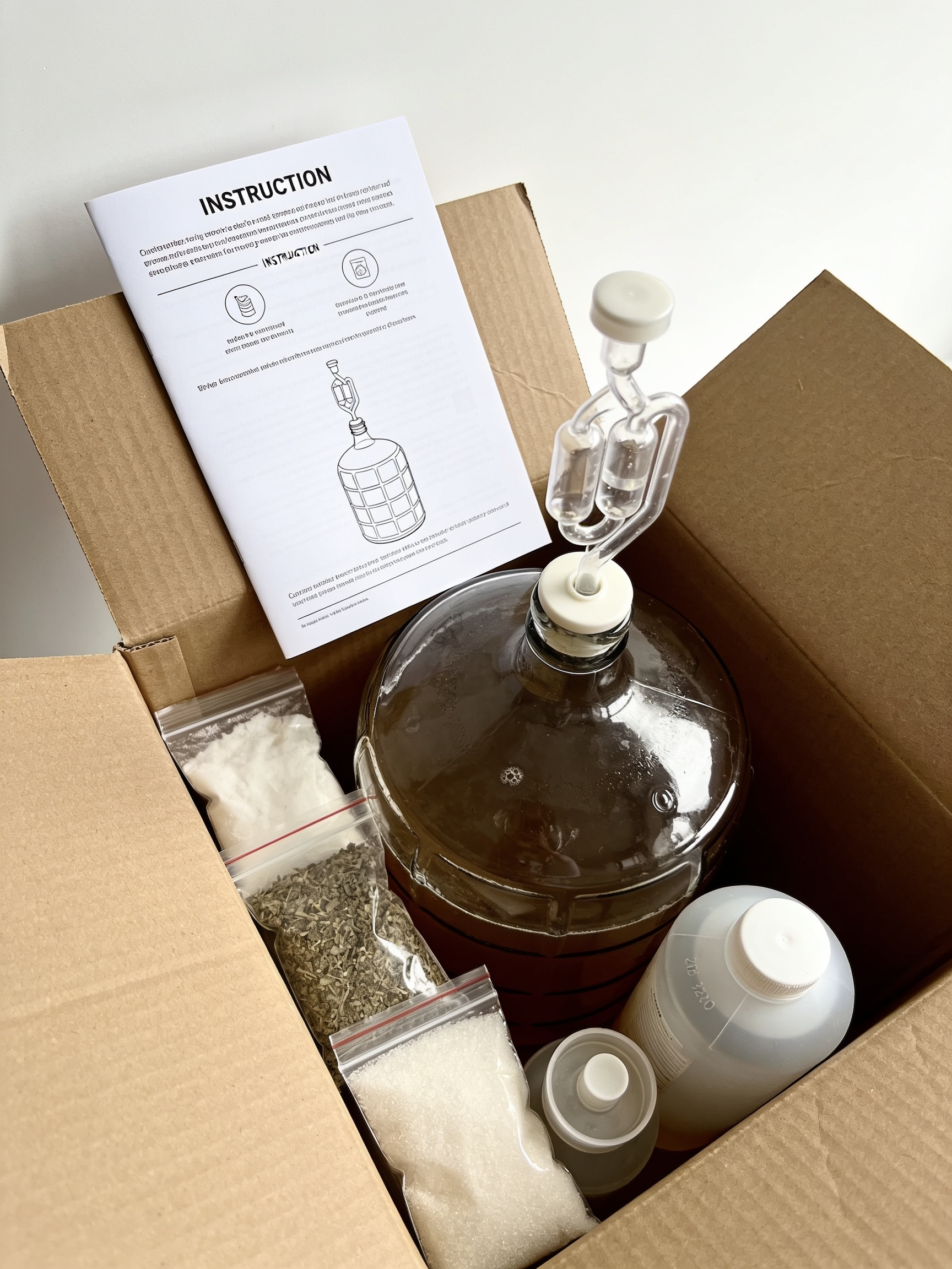 An open BrewKit Lab box showing the glass fermenter, airlock, sanitizer, ingredient packets, and a one-page instruction card