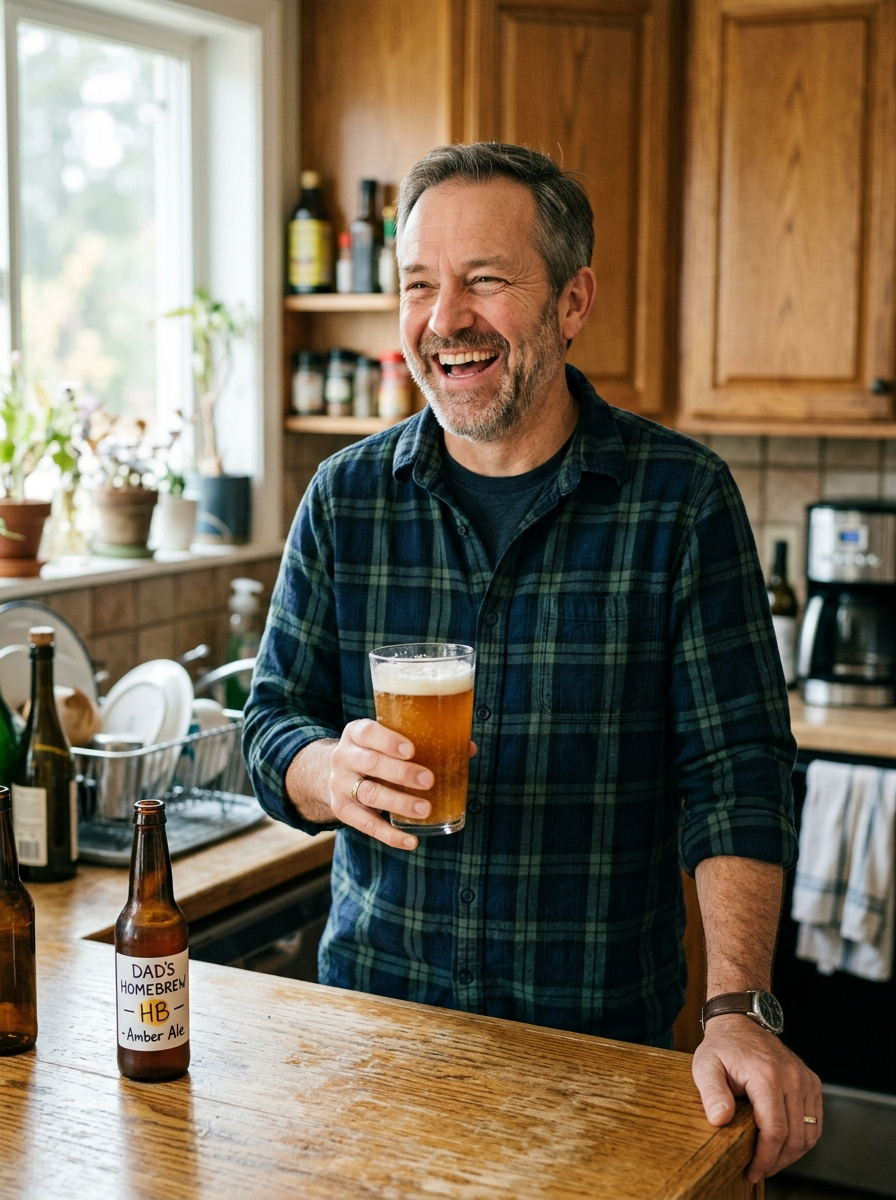 A dad laughing in his kitchen holding a glass of homemade beer