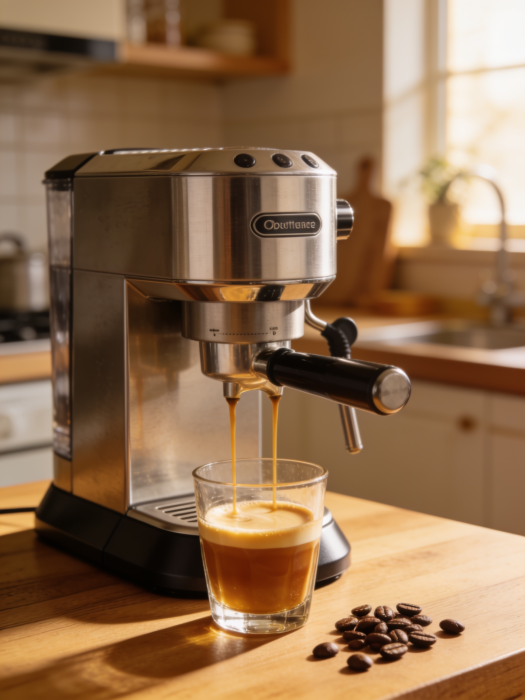 The Cascadia Brew 9 espresso machine pulling a shot in a home kitchen