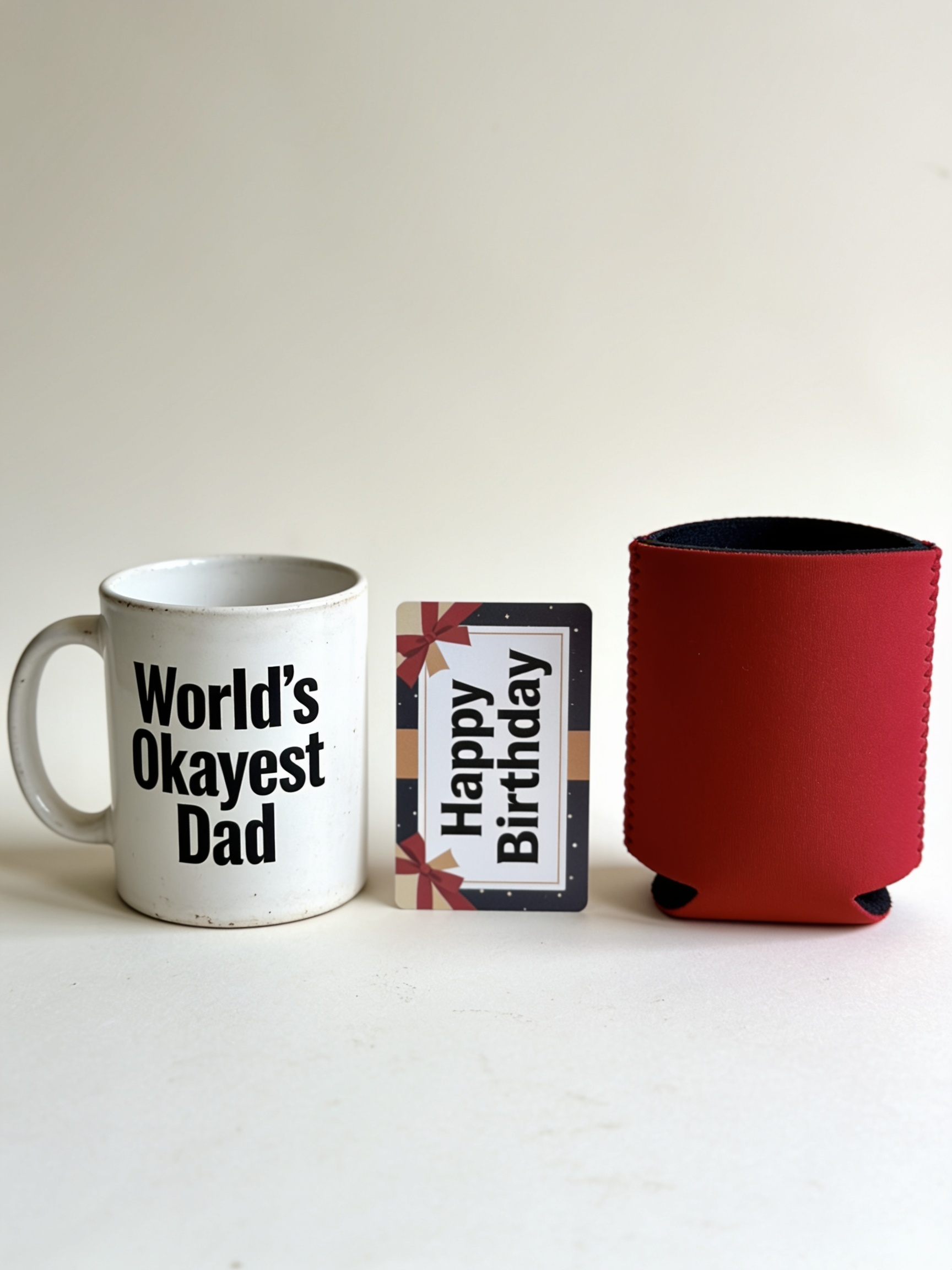 A 'World's Okayest Dad' mug, a Happy Birthday gift card, and a red koozie lined up like a police lineup of failed gifts
