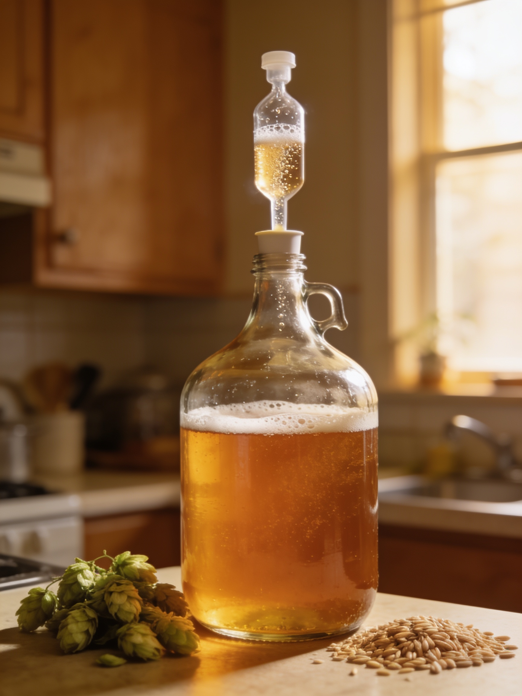A one-gallon glass fermenter with an airlock brewing beer
