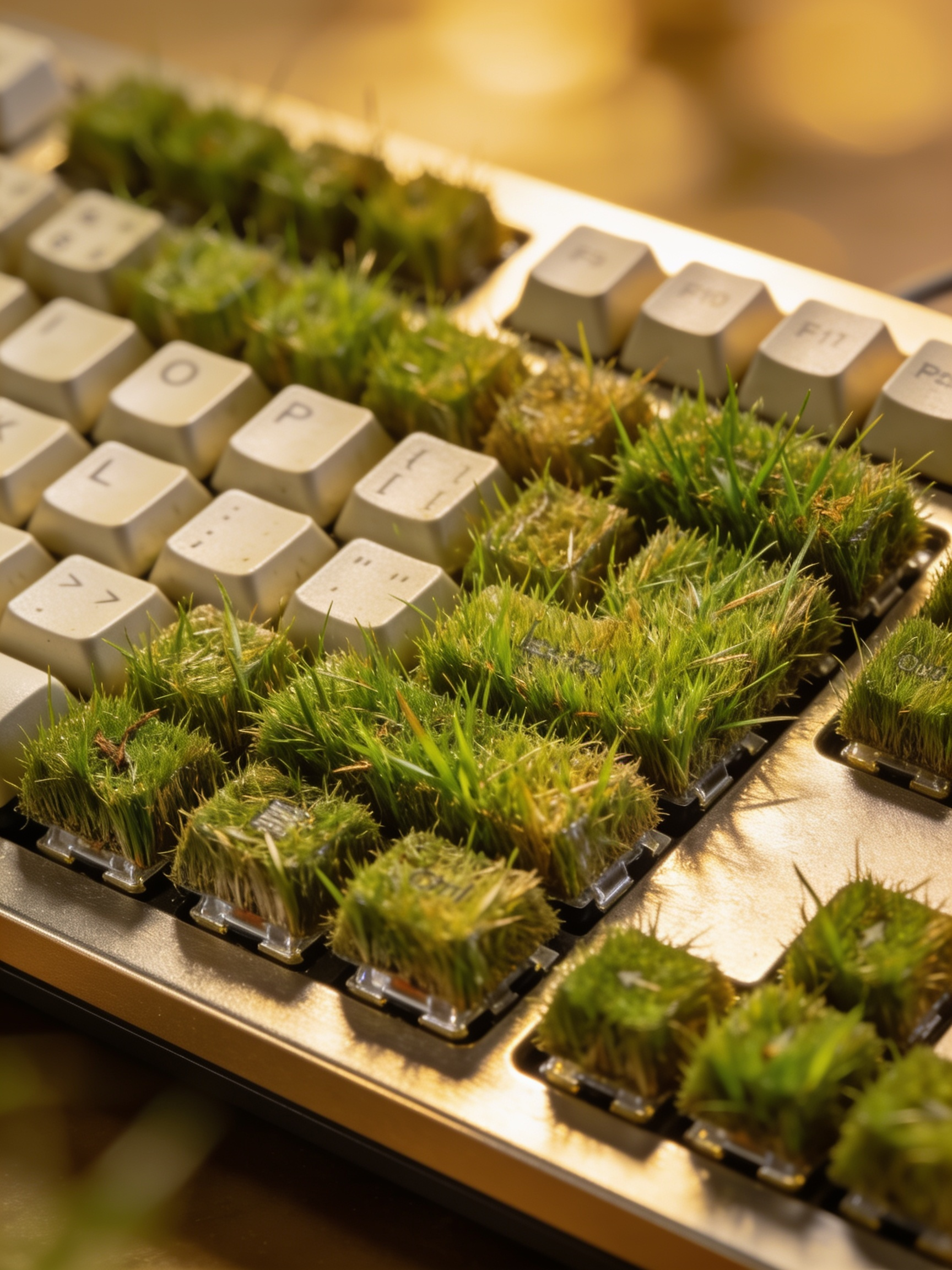 A mechanical keyboard with grass growing from the keycaps
