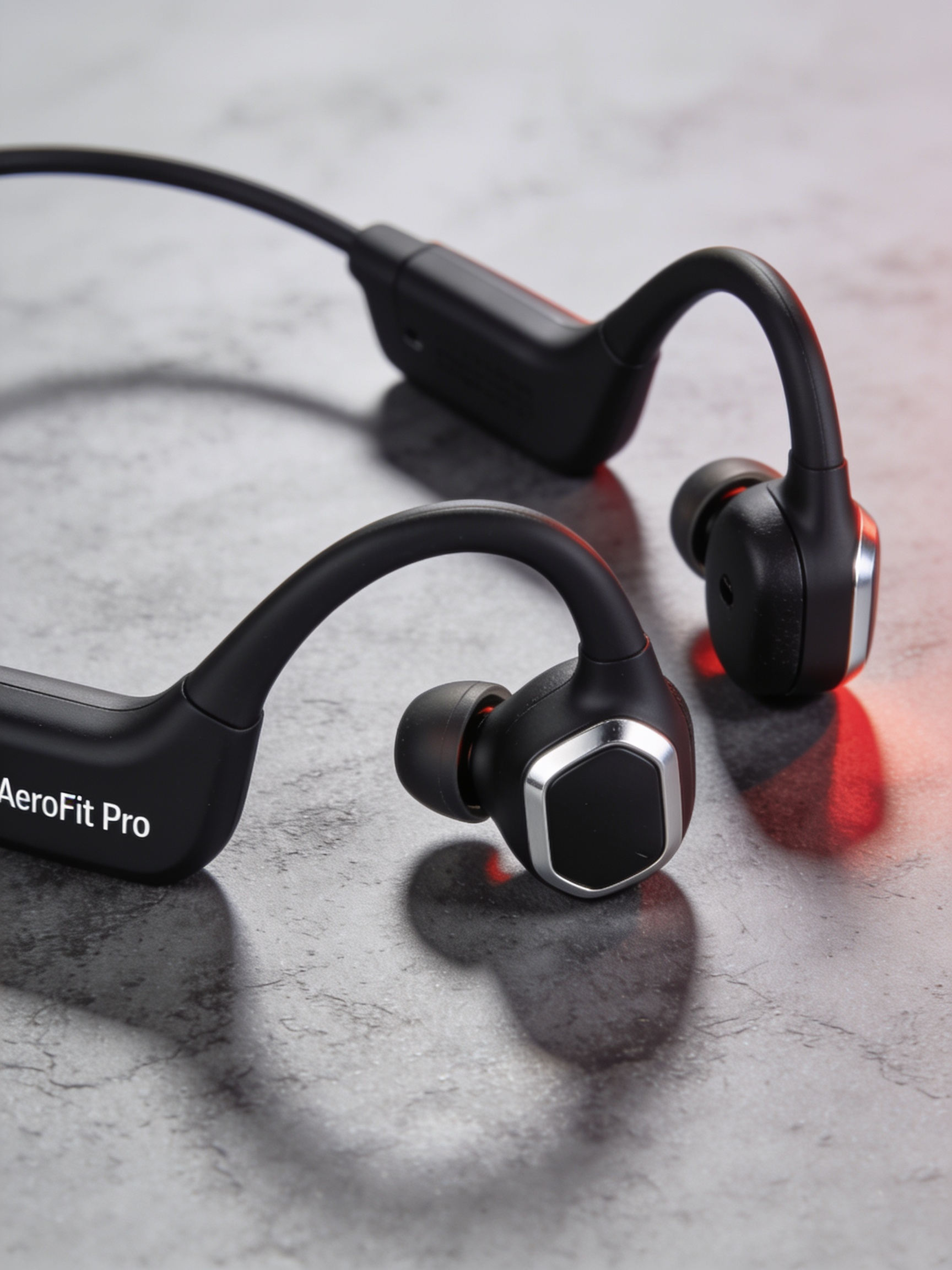 Wireless sport earbuds with ear hooks beside their charging case