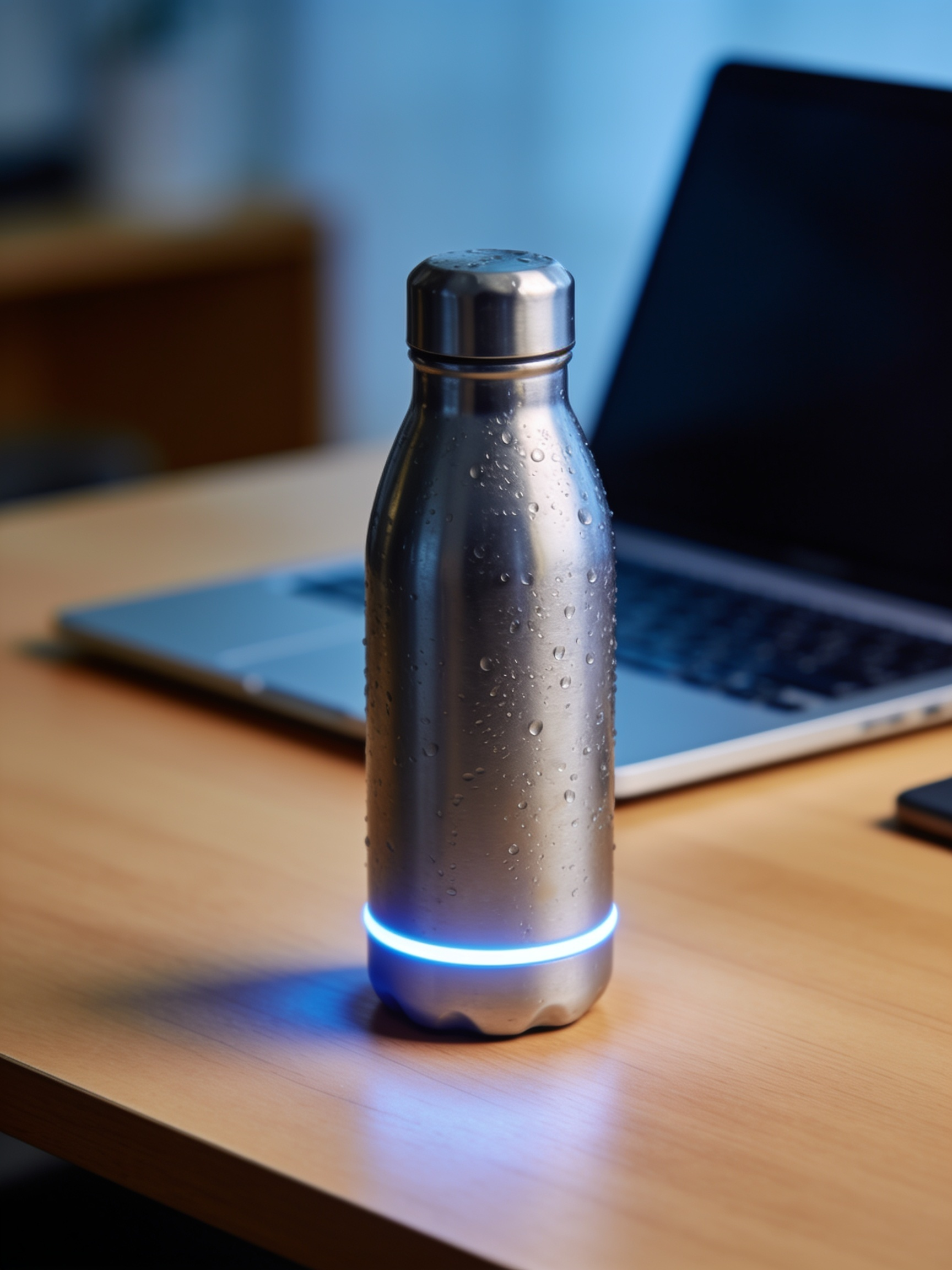 The HydraSync 2 smart water bottle with a glowing base ring