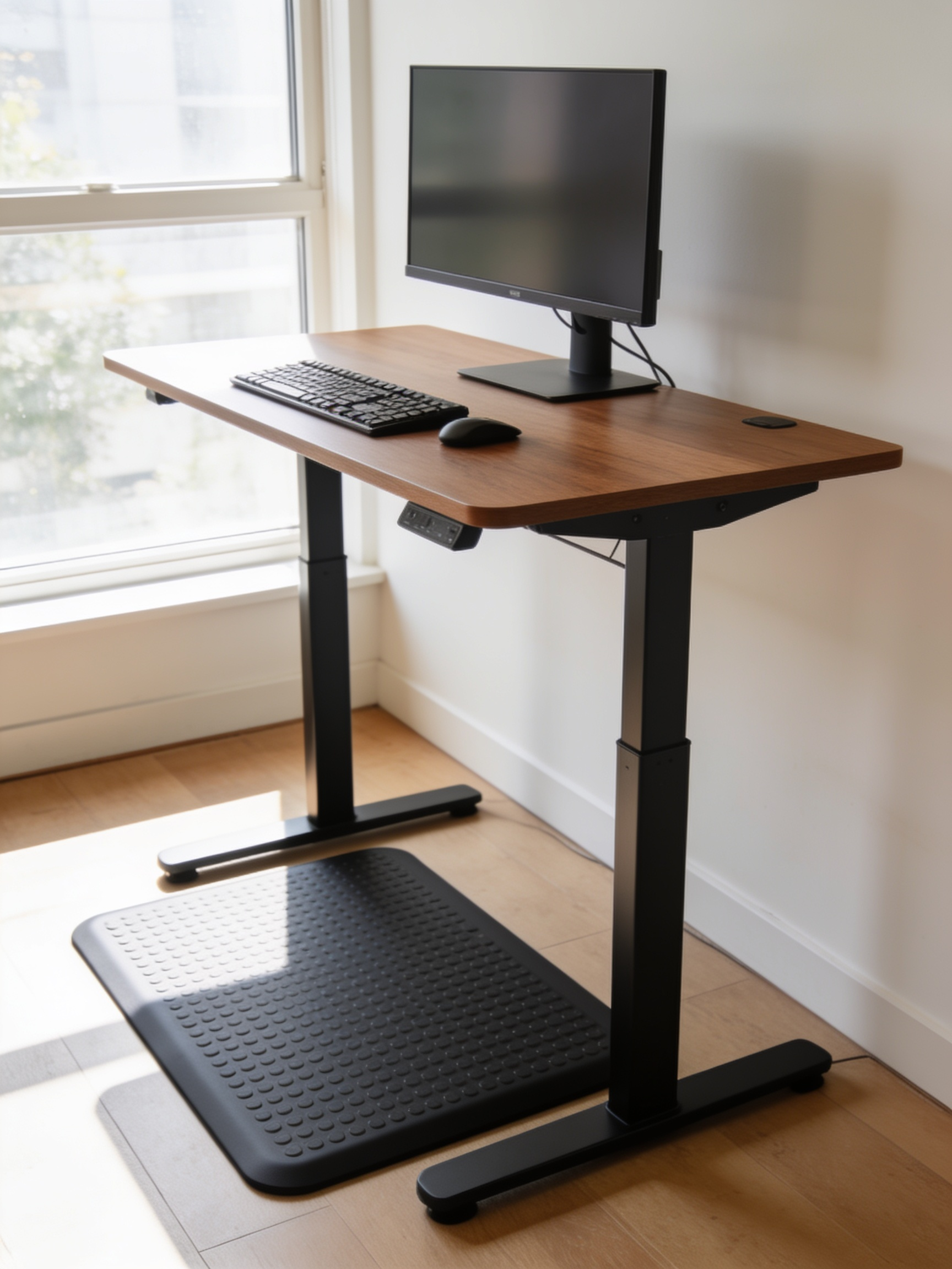 A height-adjustable standing desk raised in a home office